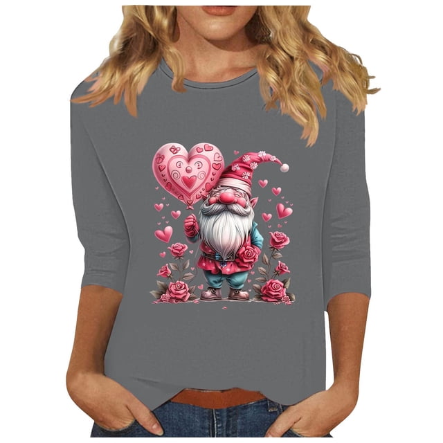 Staron Liquidation T-Shirts de la Saint-Valentin pour Femmes Manches 3/4 Col Rond Chemisiers Décontractés T-Shirts Cœur de la Saint-Valentin Cadeaux de la Saint-Valentin Hauts