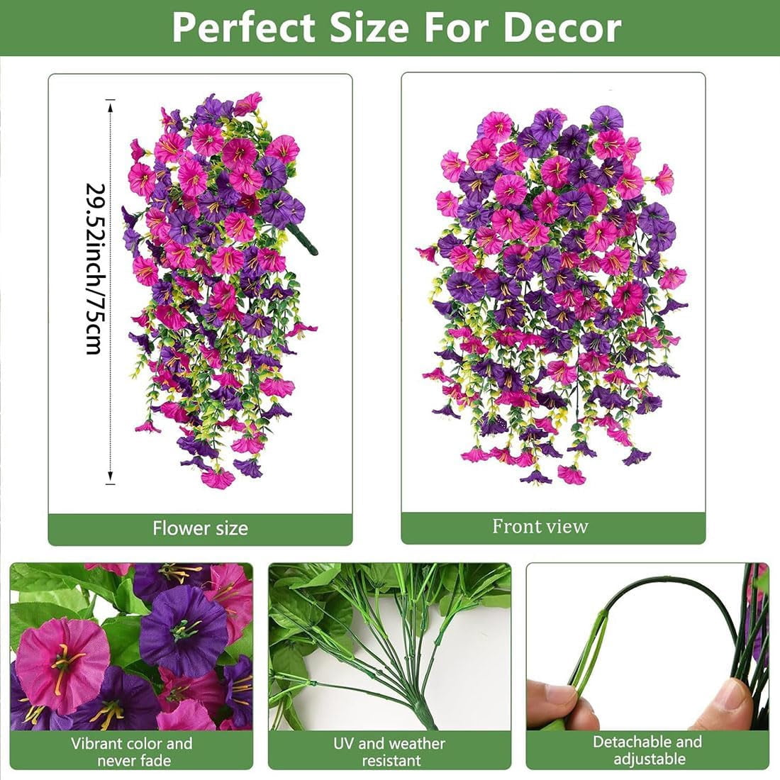 UV Resistant Hanging Artificial Morning Glory Vine, 4-Pack Outdoor Artificial Flowers, Hanging Morning Glory Artificial Flowers for Spring Garden Porches Home Decor (6, Pink)