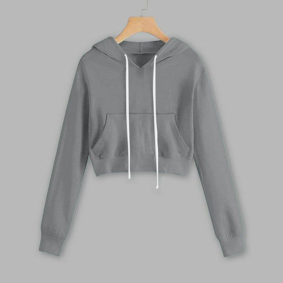 IMENGL Fashionable casual solid color hooded sweatshirt short long sleeve drawstring, Gray L, Size M-3XL