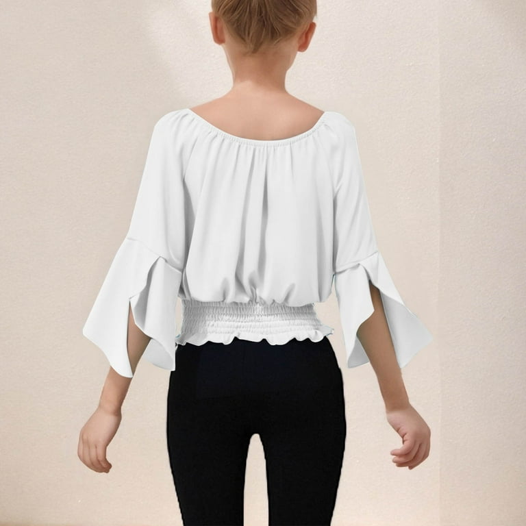 Hvyesh Girl's Off Shoulder Tops Ruffle Trim Puff Long Sleeve Tube