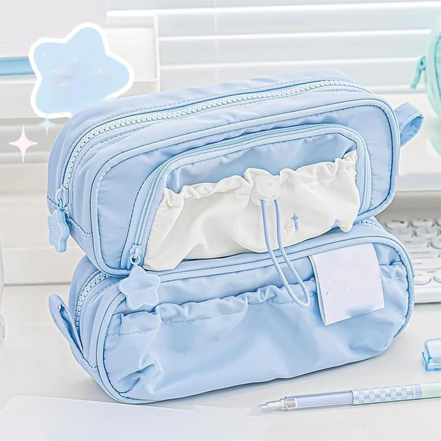Rosy Posy Pencil Case,Large Capacity Drawstring Multi-Pocket Design, Waterproof, Soft,Simplicity Solid Color Kawaii Pencil Bag High Capacity Stationery Storage Bag Student