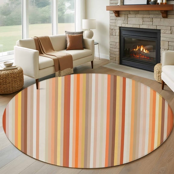 8ft Round Rug, Burnt Orange Striped Non-Skid Rubber Backing Large Area Rugs - Living Room Bedroom Home Office, Farmhouse Orange Ombre Stripes Indoor Floor Mat Carpets Washable Rug