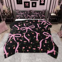 Homewish Ribbon Bow Queen Comforter Set,Romantic Rose FlowerBedding Sets,Pink Black Bedding Comforter Set For Teens,Breathable Home Decor Reversible,3 Pieces