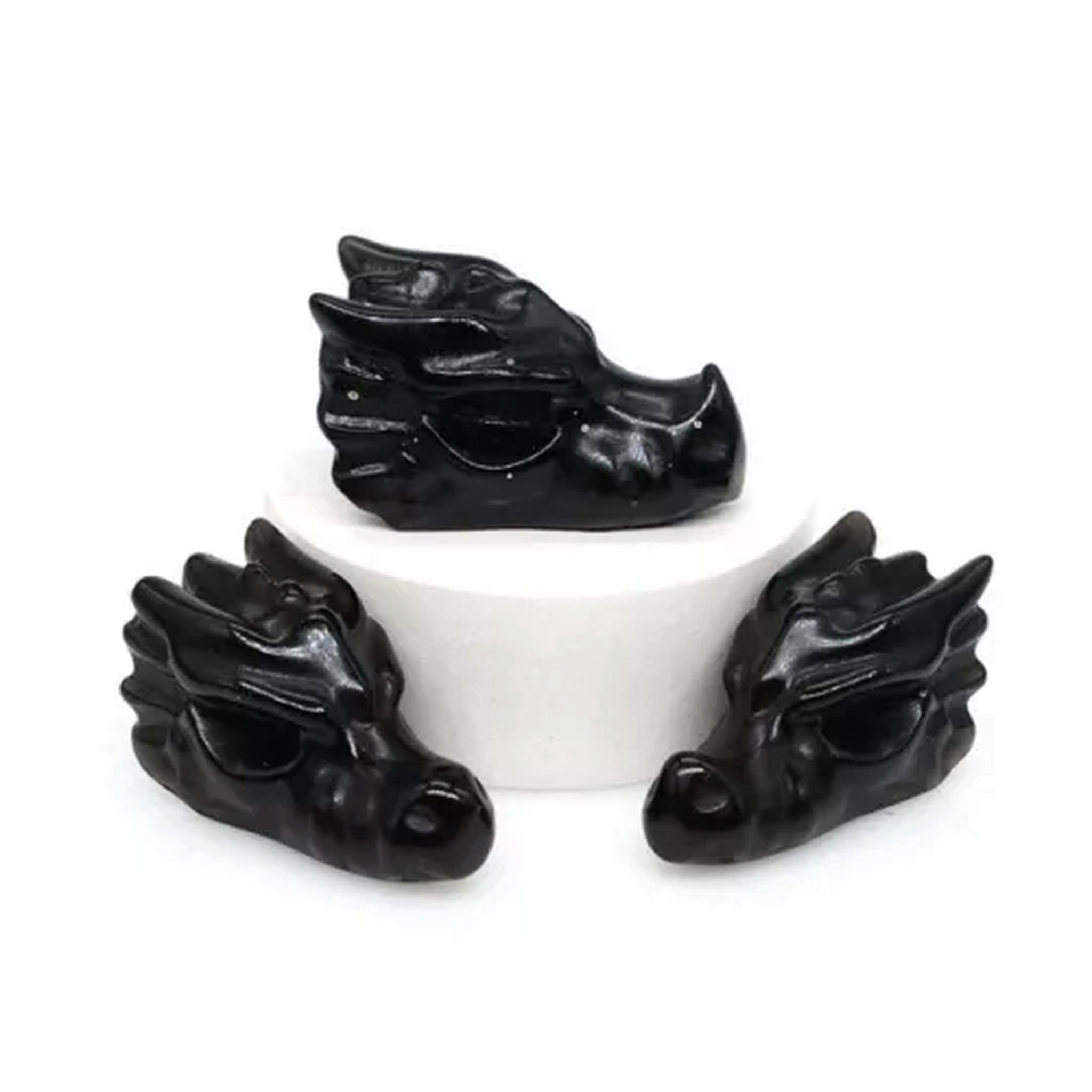 EOEMY 1.5’’ Natural Quartz Crystal Lifelike Dragon Head Skull Skeleton Figurine Gift-Black Obsidian Quartz-10Pcs