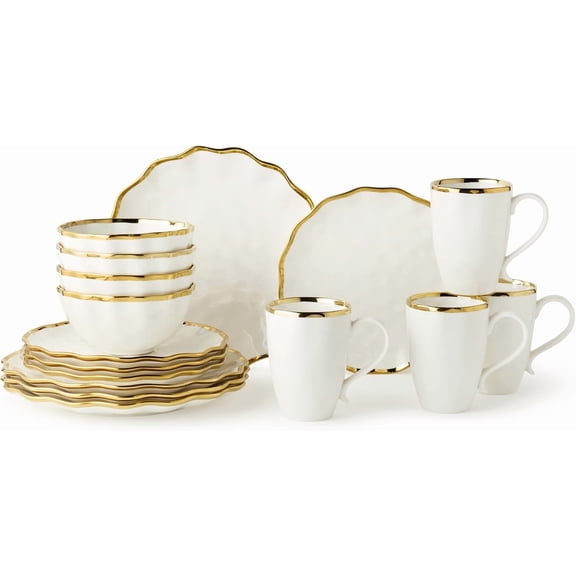 Regency Gold 16-Piece Dinnerware Set – Elegant Gold Rimmed Porcelain Plates, Bowls & Mugs – Service for 4 – Sophisticated Dining Set for Everyday Meals, Holiday Gatherings & Wedding Gifts