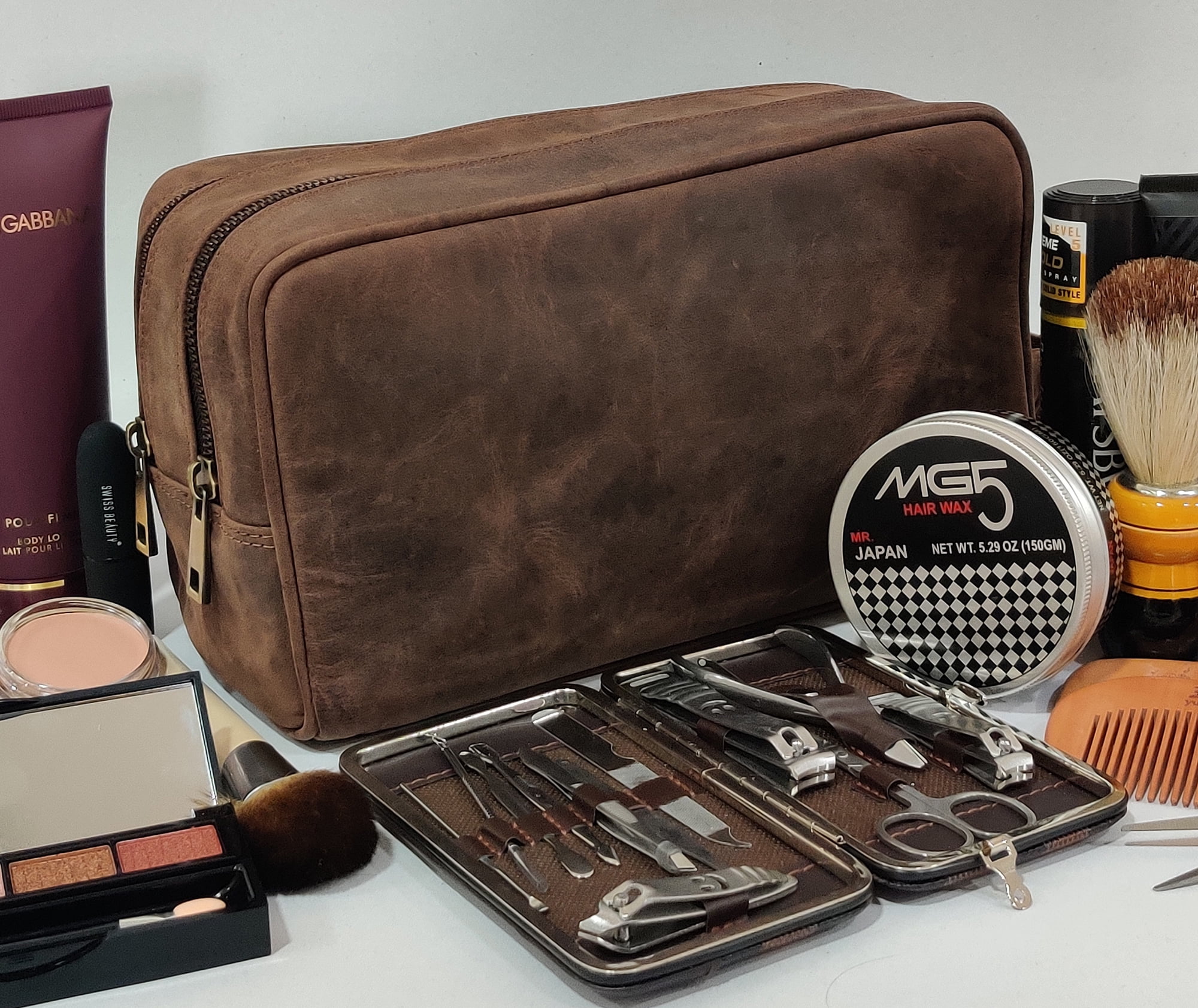 Leather Toiletry Bag for Men Women Hygiene Organizer Travel Dopp Shaving Kit Cosmetic Makeup Bag by Rustic Town