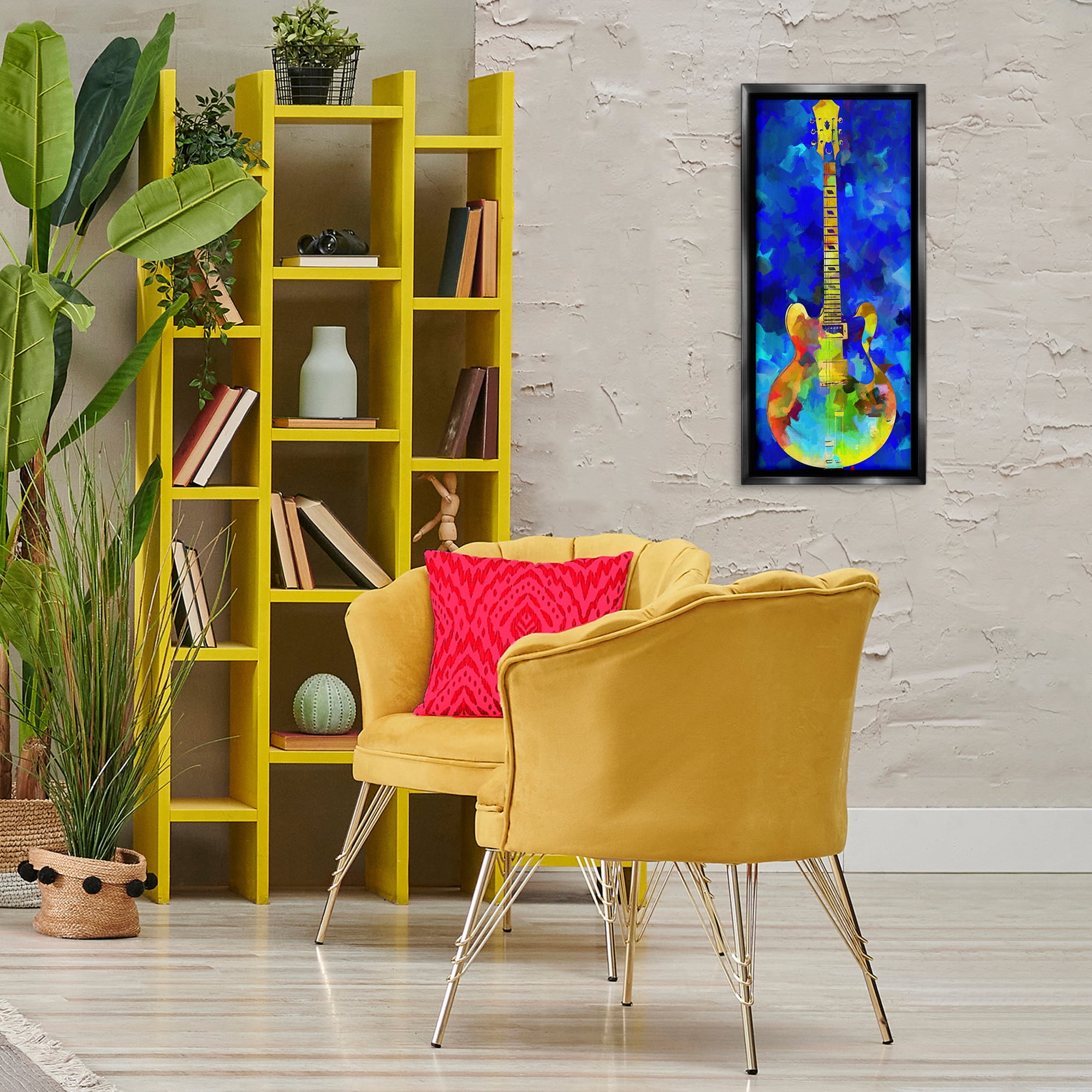Stupell Industries Abstract Guitar on Blue Entertainment Painting Black Floater Framed Canvas Art Print Wall Art, 14 x 31