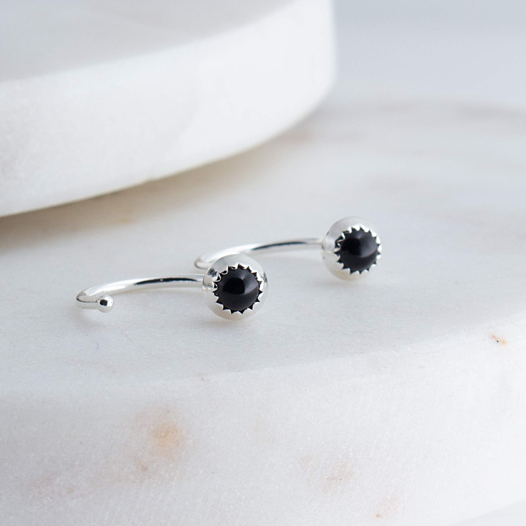Half Huggie Silver Hoop Earrings for Women Tiny Cartilage Birthstone Stud Piercing Earring Hypoallergenic Screw Back Dainty Cartilage Hoops (Black Onyx 3mm / 20 gauge)