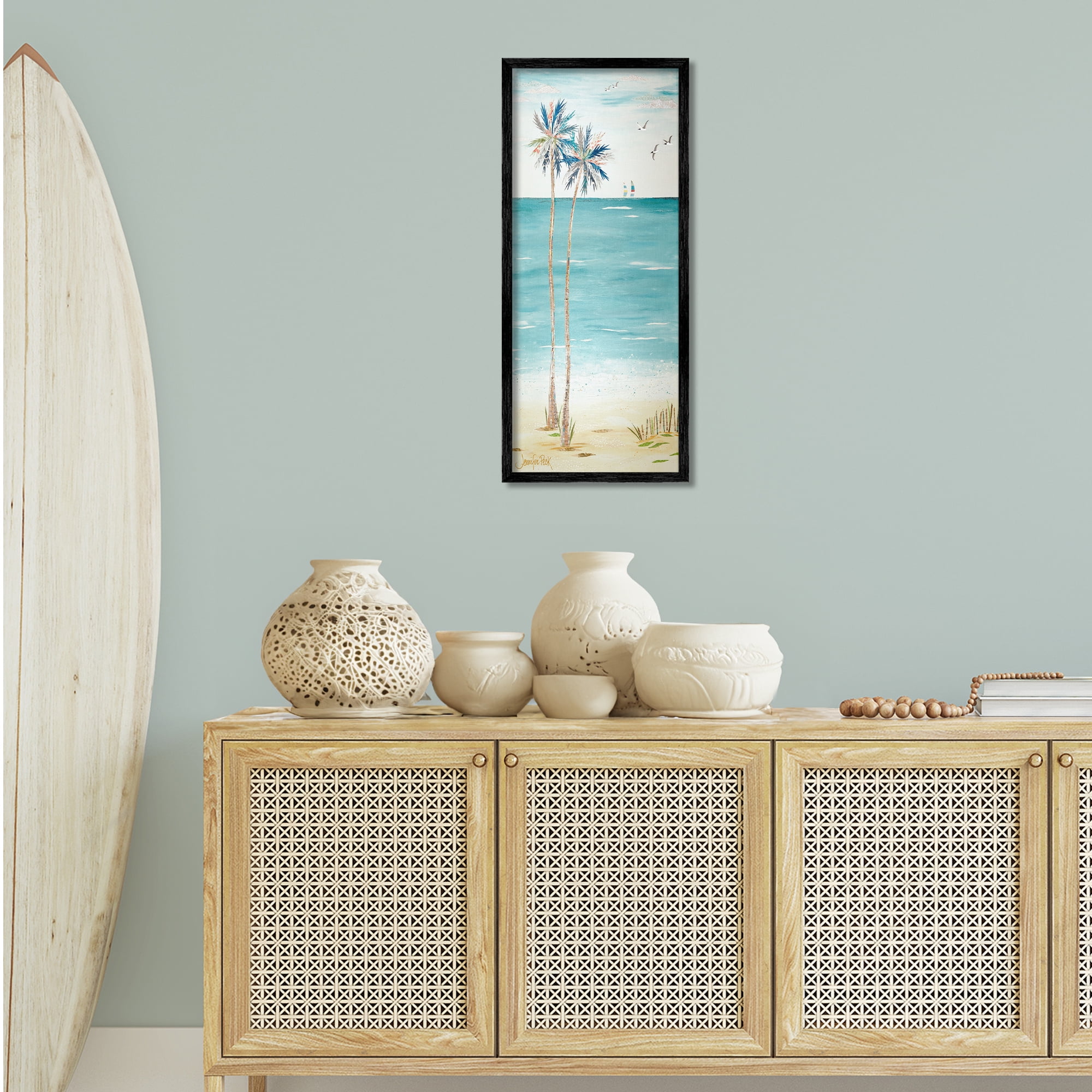 Stupell Industries Palms & Distant Boats Landscape Painting Black Framed Art Print Wall Art, 13 x 30