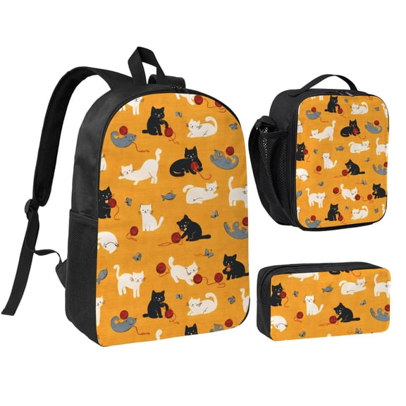 Cute Kitten Cartoon Cat Yarn Backpack Set 3pc Including Backpack, Lunch Bag and Pen Bag Combination