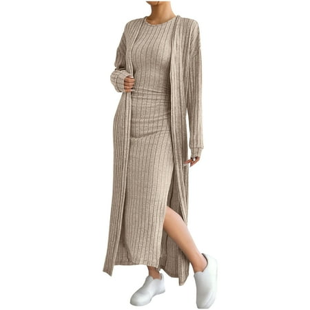 HAiming 2 Piece Sets for Women Long Cardigan Sweater Knitted Midi Side Slit Tank Dress Cute Outfit