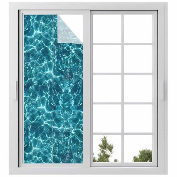 Window Privacy Film Teal Green Ocean Waves Stained Glass Window Film Decorative Sun Block Window Cover Summer Sea Pool Window Clings Static Adhesive Sticker for Bathroom 23.6"x59"