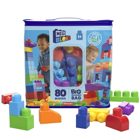 MEGA BLOKS Fisher-Price Big Building Bag, Building Blocks for Toddlers With Storage (80 Pieces), Blue, Ages 1-5 Years