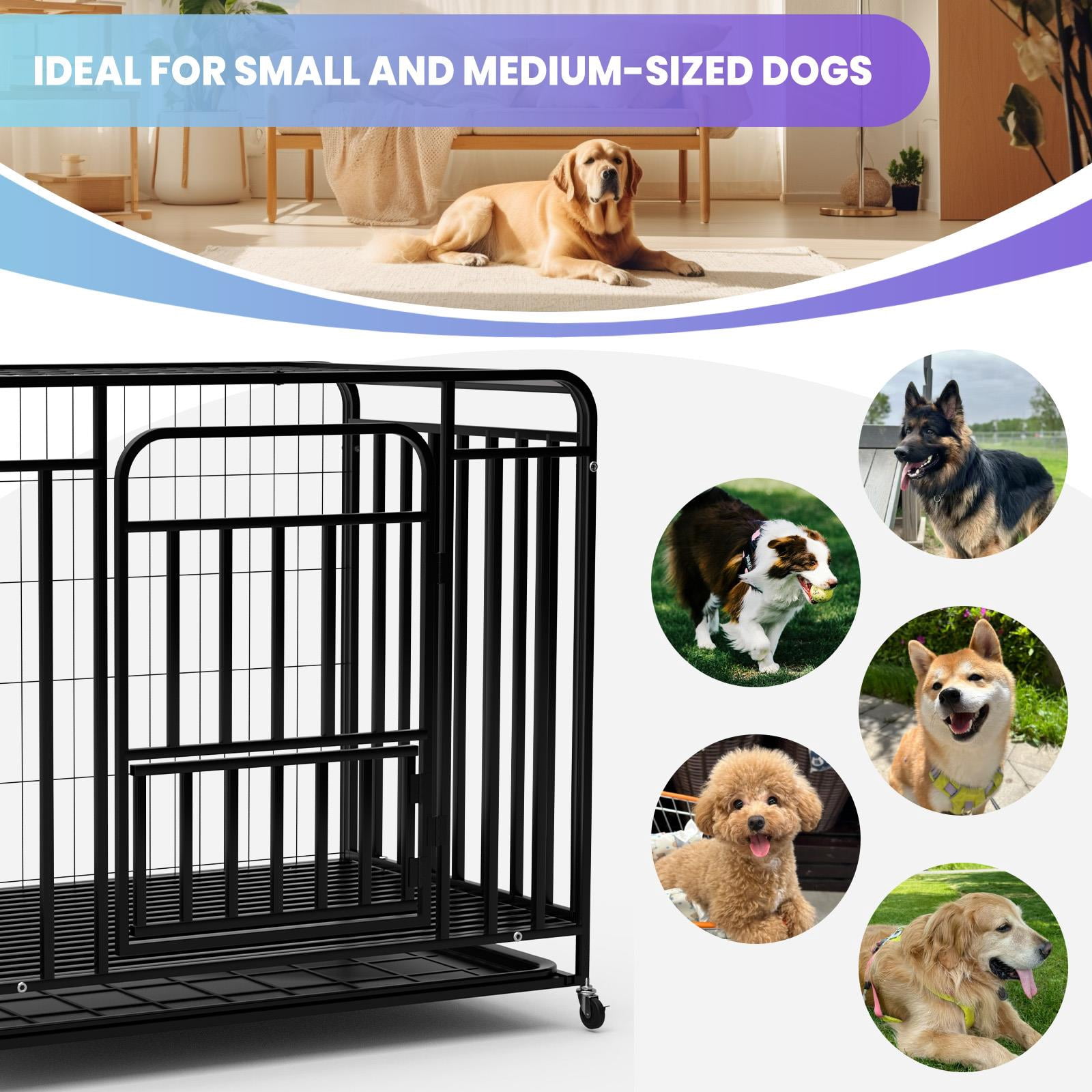 Tanfengu Dog Cage with Locking Wheels, 36.4in Black Alloy Steel Dog Crate, Top & Side Door Kennel for Small Medium Dogs, Indoor Outdoor