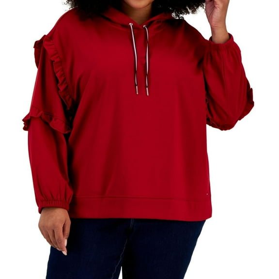 Tommy Hilfiger Womens Ruffled Sleeves Hoodie Sweatshirt, Red, Plus Size, 2X