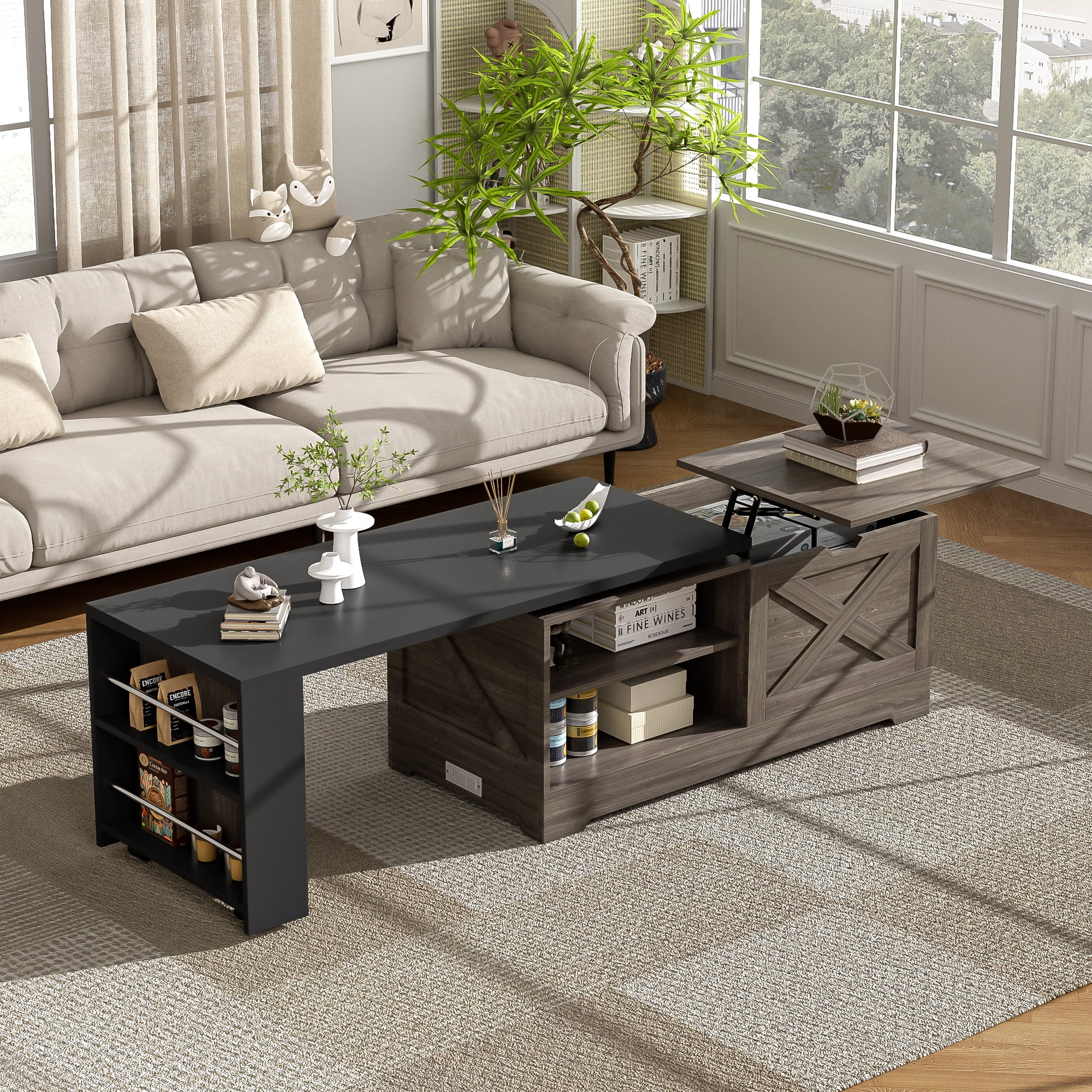 Leumius Lift Top Coffee Table with Storage,Rectangle Wood Center Table With Barn Doors and Open Cabinet, For Living Room, Bedroom, Home Office,Brown+Black