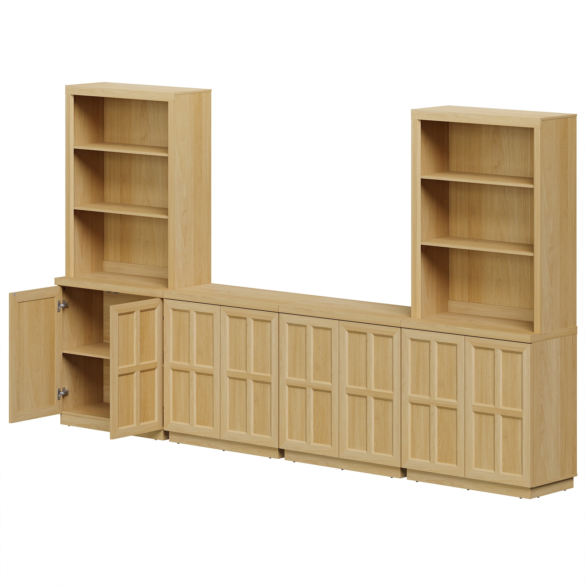 HOMOOI Pantry Cabinet,Boho Combined Kitchen Storage Hutch with 2 Upper Bookshelves Tops & 4-in-1 Cabinet with adjustable Shelves, Anti-Wobble Storage Organizer for Kitchen,Dining Room,Entryway,Oak