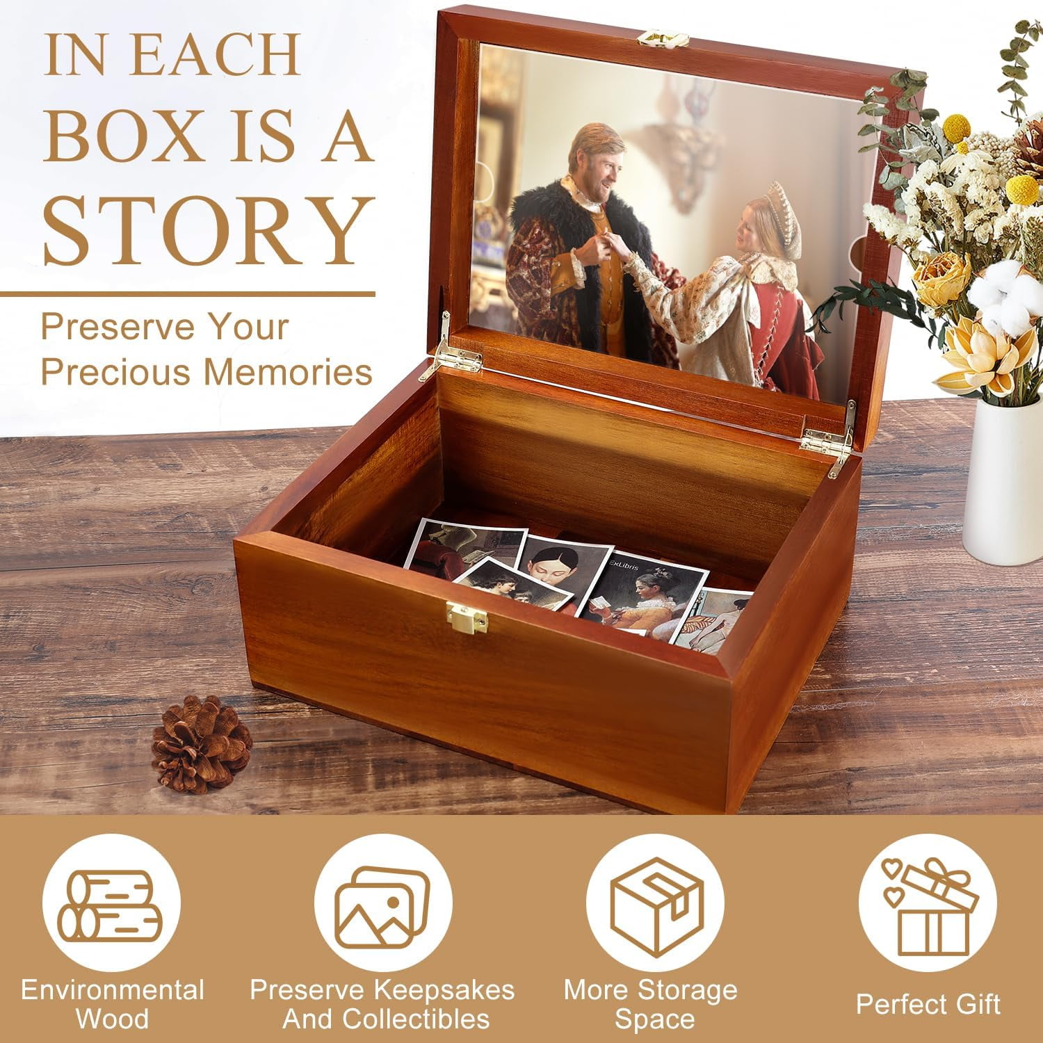 Large Wooden Keepsake Box with Hinged Lid and Photo Frame - Elegant Wedding Memory Box, Ideal for Photos, Letters, Time Capsules, Bride Gift, Love, Decorative Storage