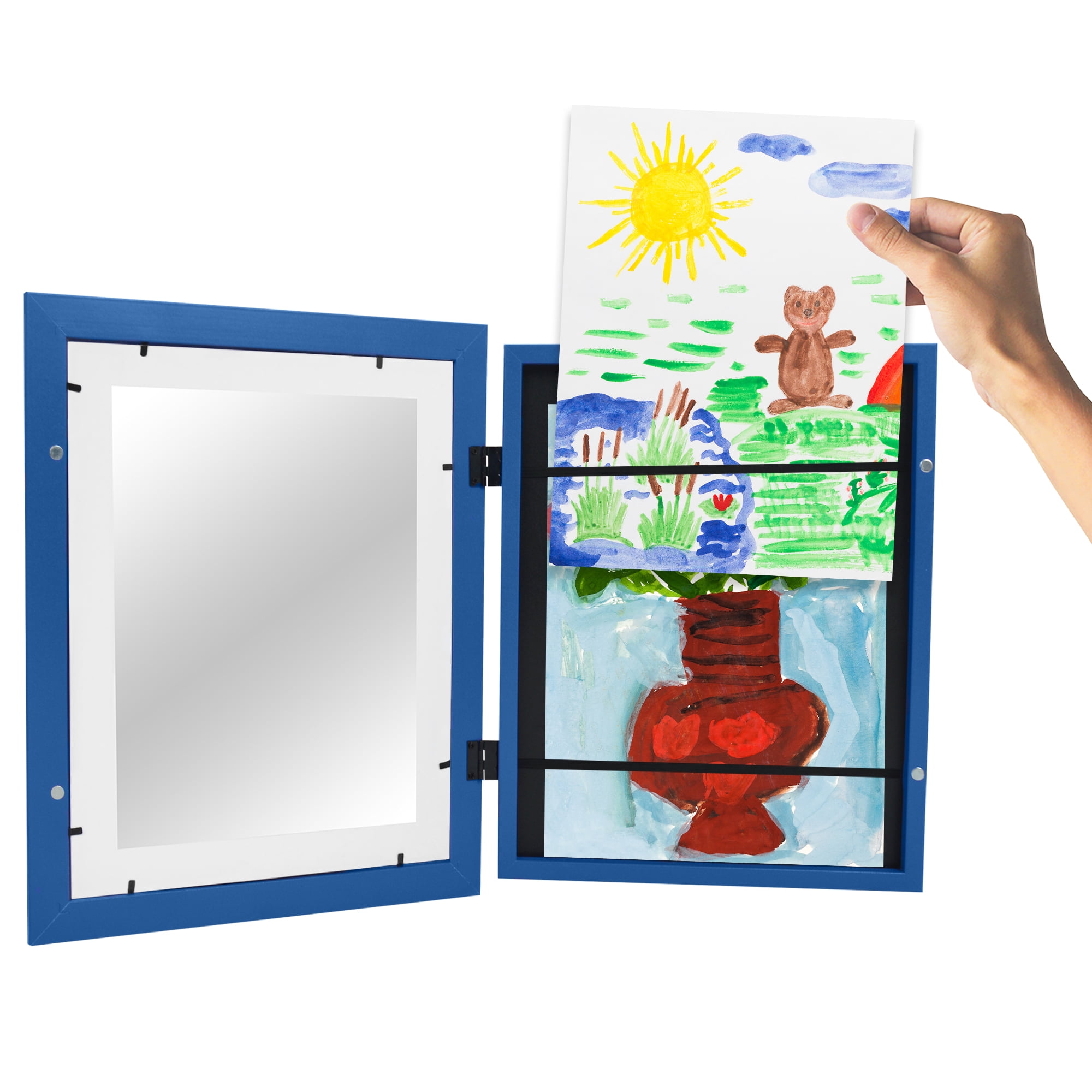 Americanflat 10x12.5 Kids Art Frame with 8.5x11 Mat Holds 100 Art Pieces Sapphire Magnetic Letter Size Mini - Blue