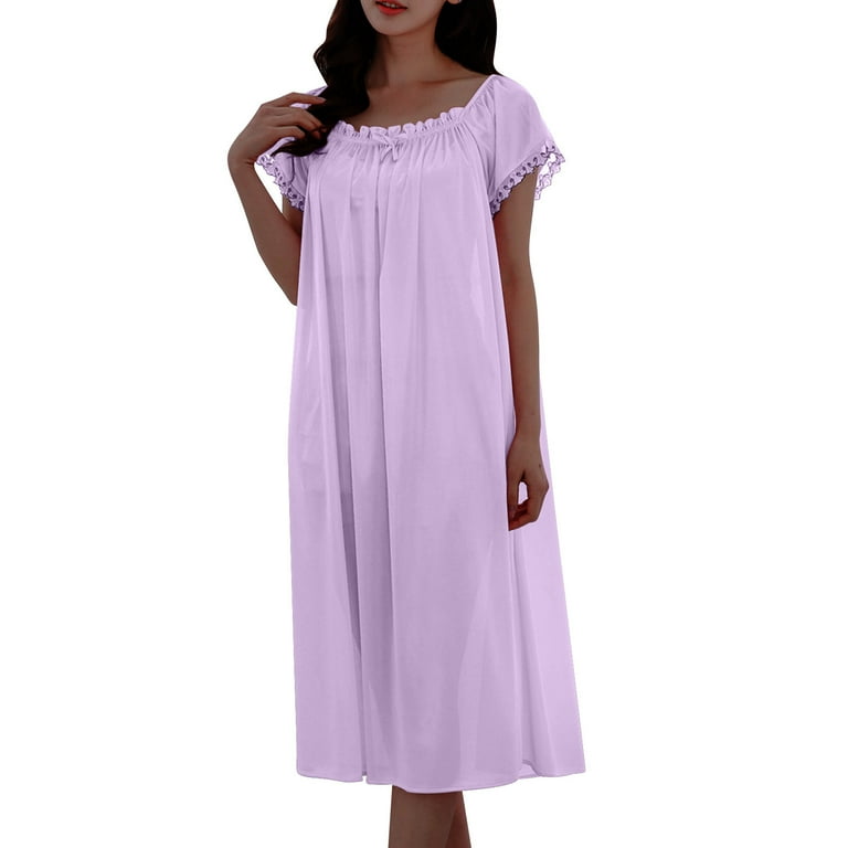 Cotton Womens Pajamas Skirt Satin Nightgowns for Women - Soft & Breathable Long  Night Gowns - Women's Cap Sleeve Lace Gown Elegant Sleepwear - Loose Casual  Pajams Dress Night Shirt Purple Free