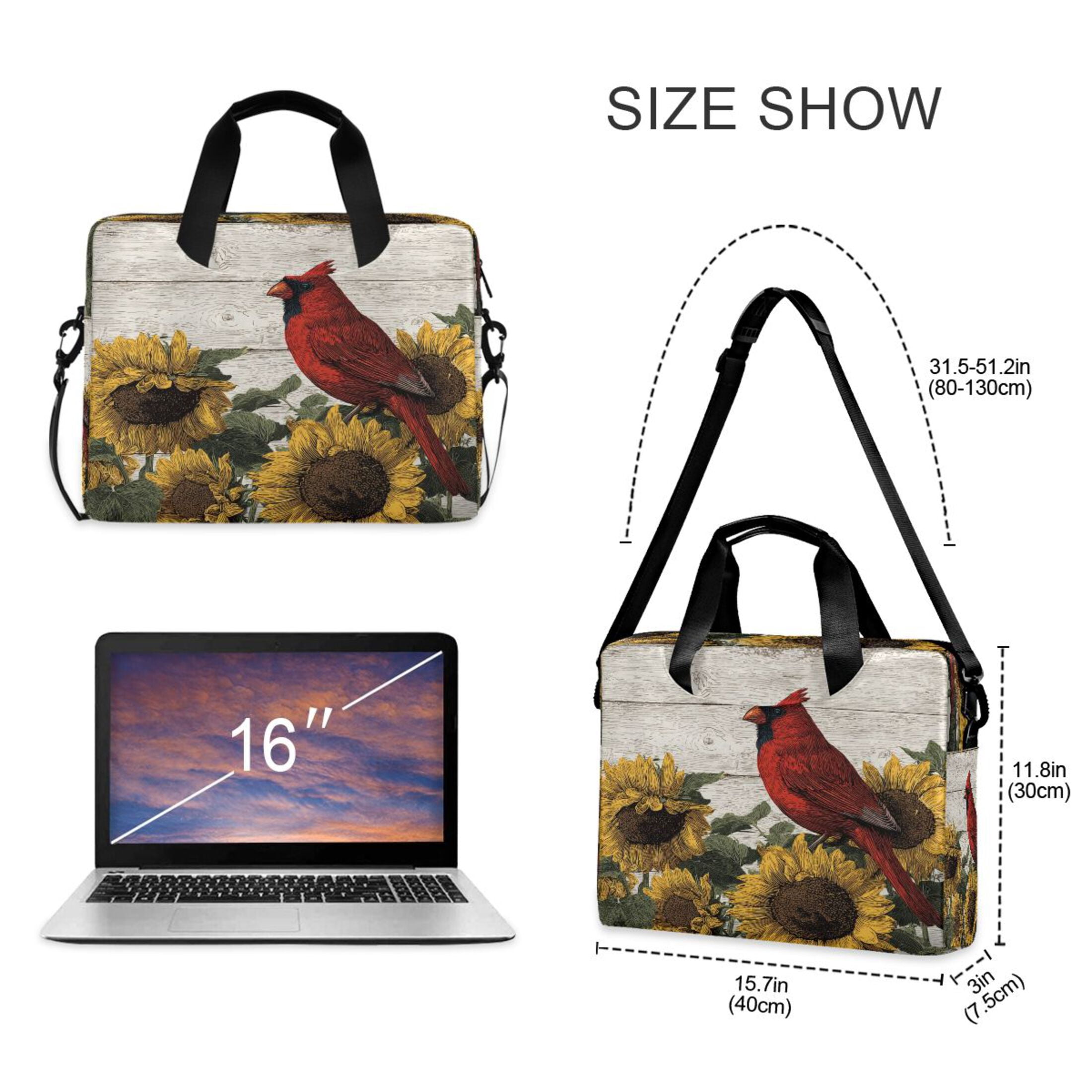 16" Laptop Tote Bag Laptop Sleeve Case Computer Briefcase for Work & Travel Red Bird Sitting on Sunflower