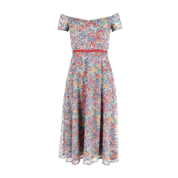 Pre-Owned Saloni Off-Shoulder Floral Printed Midi Dress in Multicolor Polyester