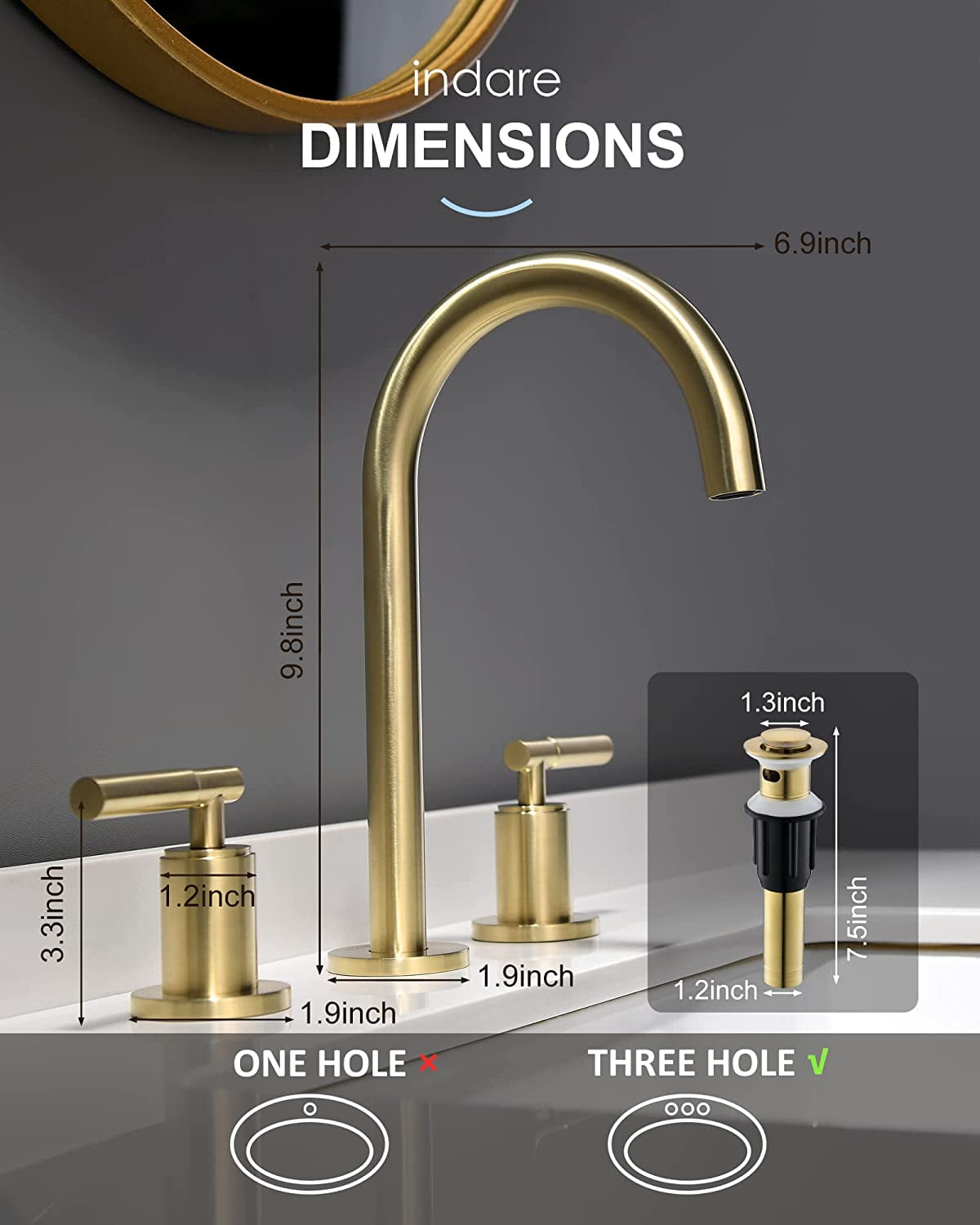 Brushed Gold Bathroom Faucet, Indare Two Handles 360° Swivel Spout Widespread 4Inch 8Inch Brass Bathroom Sink Faucet 3 Hole with Pop-Up Drain and Water Supply Lines