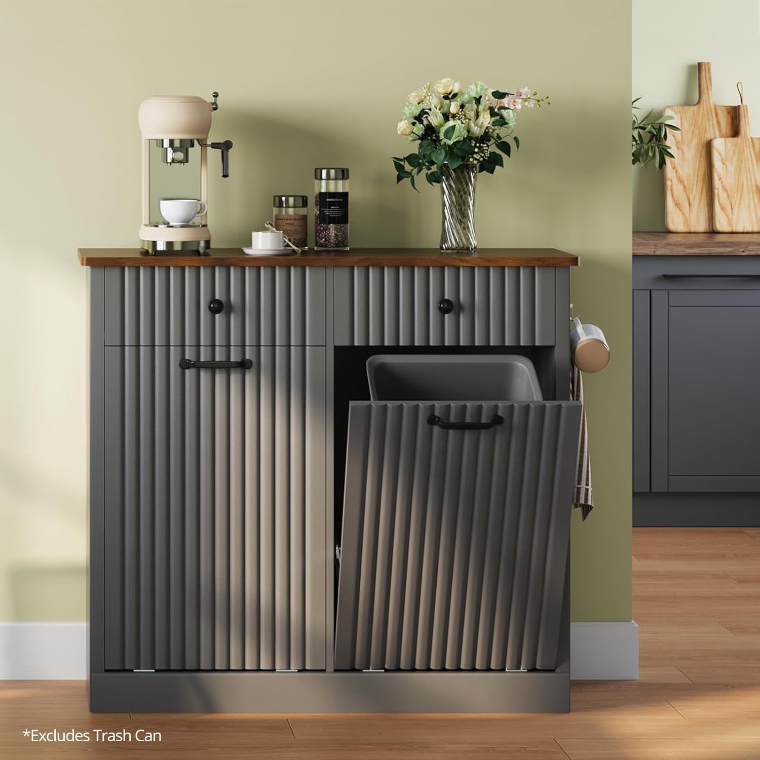 SELOOYE Double Tilt Out Trash Can Cabinet Hidden Kitchen Trash Can, 20 Gallons Freestanding Recycling Cabinet with Hideaway Drawers Pet Proof Trash Can for Kitchen Living Room, Grey