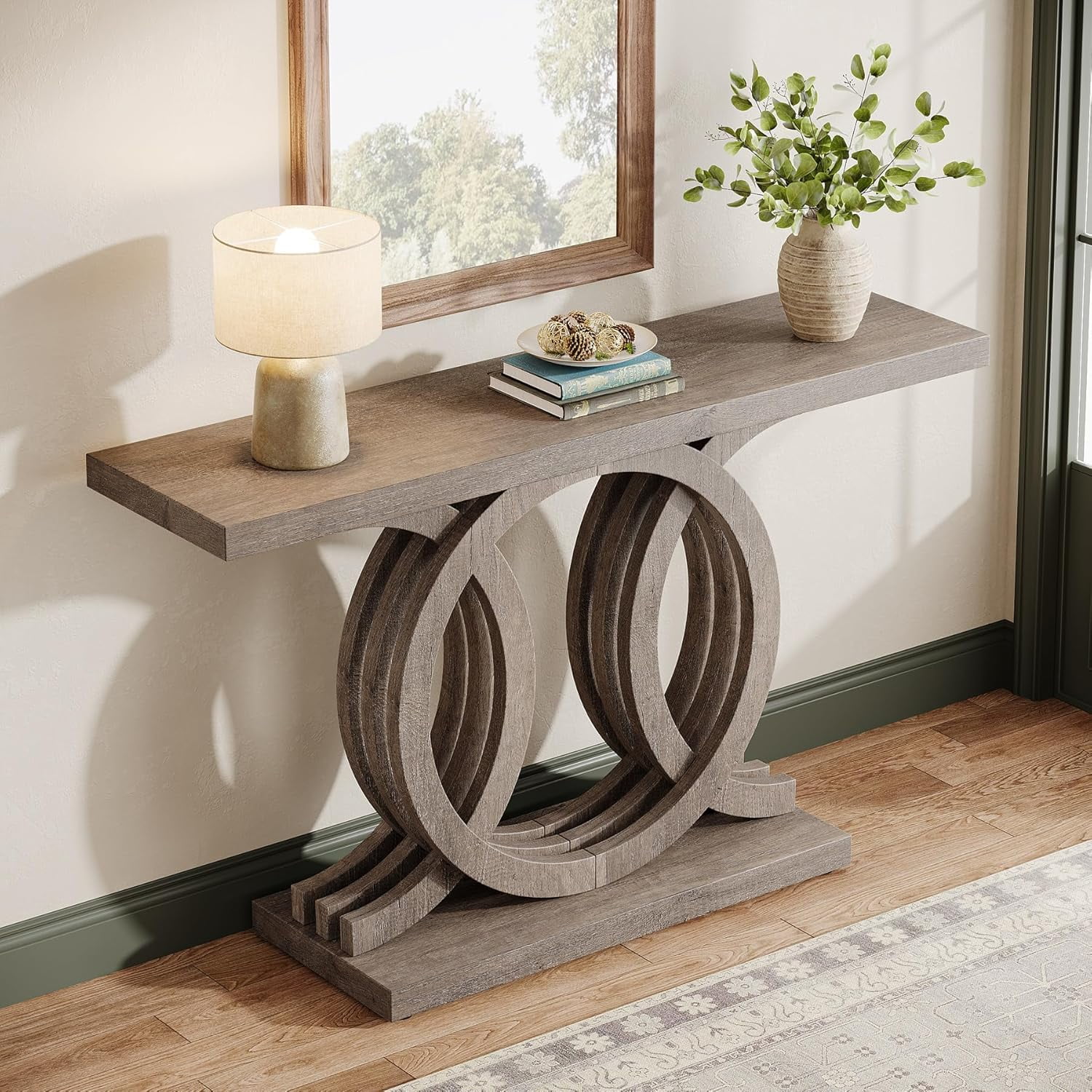 Finmind 55" Console Table with Geometric Wood Base, Modern Entryway Table, Brown