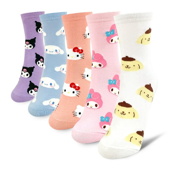 Hello Kitty Official Licensed Women's Crew Socks, Cute Character Design, 5 pack Set Collection