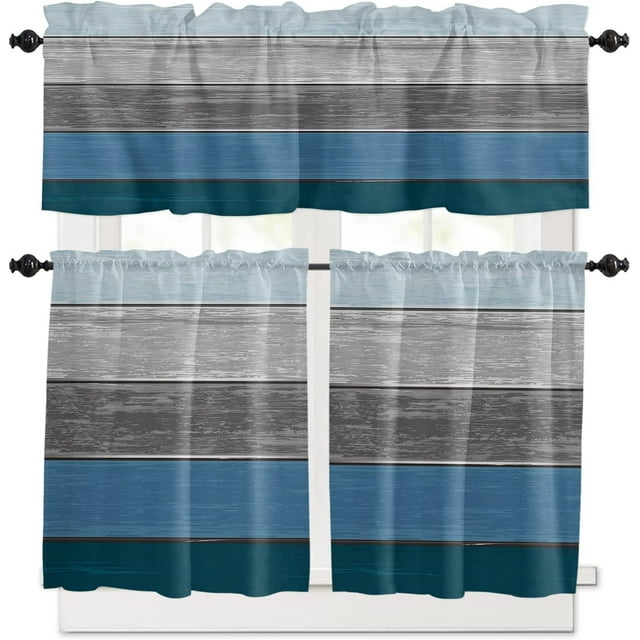 Ensemble de Rideaux et Cantonnière de Ferme 3 Pcs, Cantonnière Semi-Transparente à Poche pour Tringle Petite Demi-Rideaux de Fenêtre Rétro Grain de Bois Bleu et Gris Dégradé pour Cuisine Salon Salle de Bain