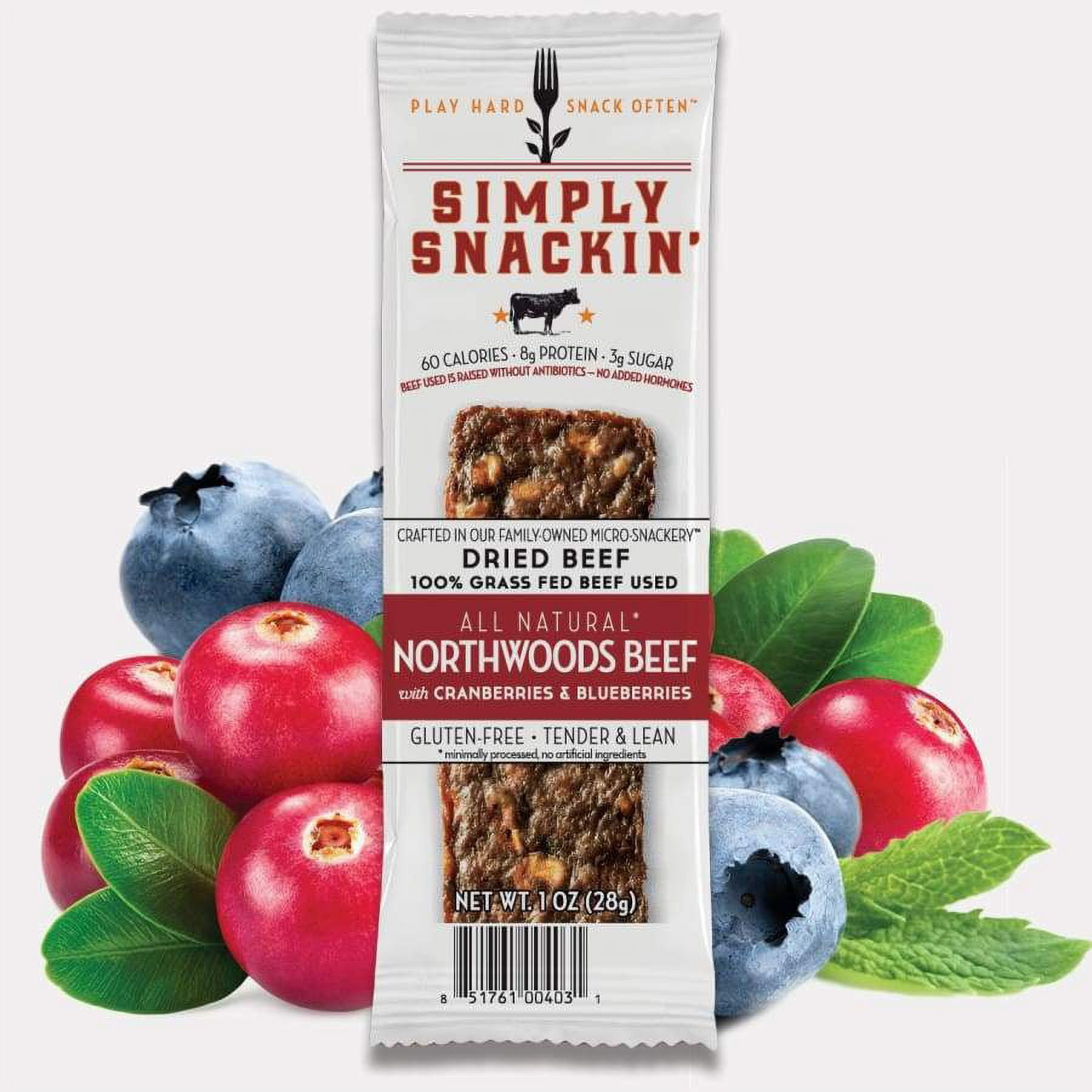 Simply Snackin' Beef Protein Snack - Northwoods Beef with Cranberries & Blueberries Size: 12-Pack