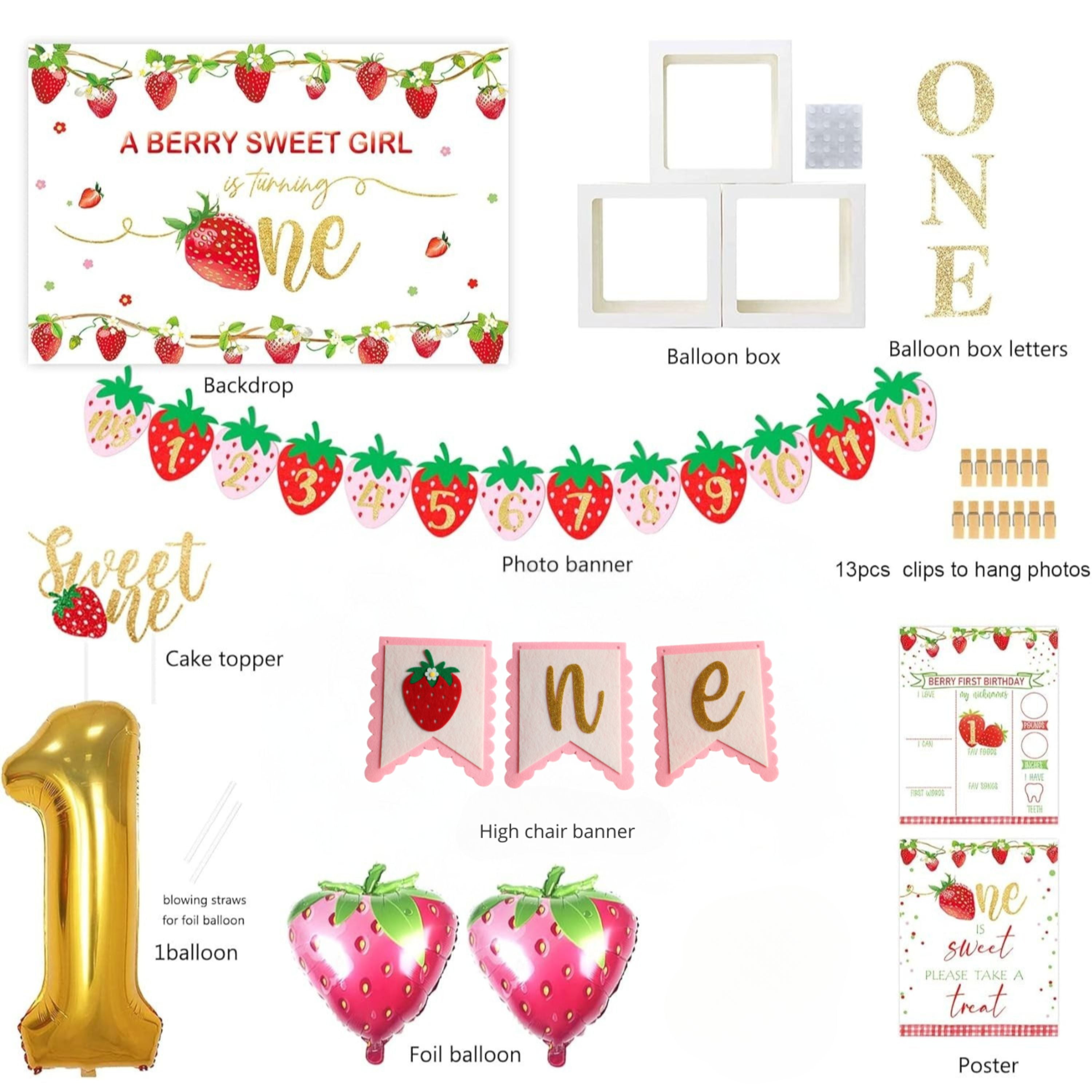 Strawberry 1st Birthday Decorations Party Supplies, Berry First Birthday decor Party Supplies, Berry Sweet One Berry First Birthday Girl Decoration