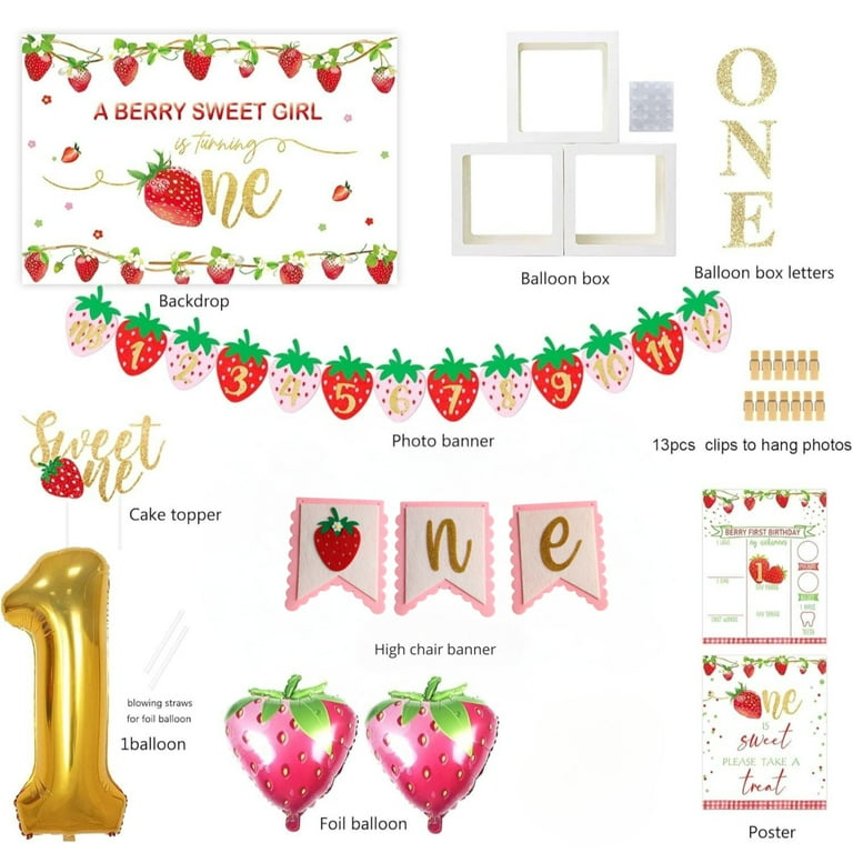 Andaz Press Personalized Berry First Birthday Banner - 13"x47" Custom Strawberry Backdrop For Girl's High Chair & Party Decor