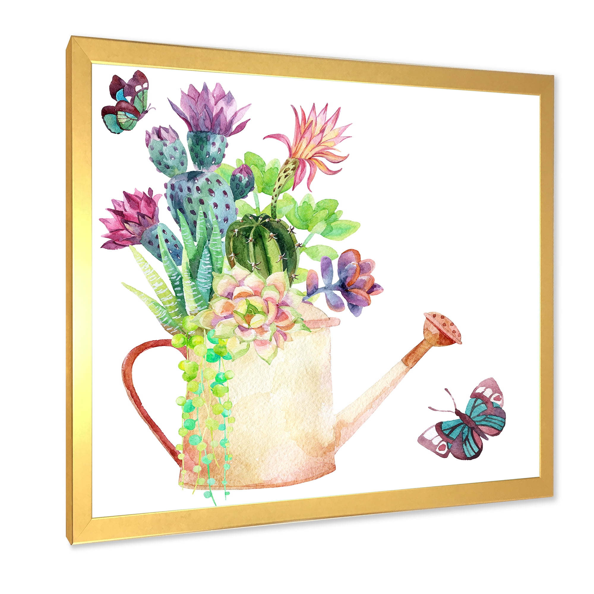 Succulents In Old Watering Can With Butterfly 30 in x 30 in Framed Painting Canvas Art Print, by Designart