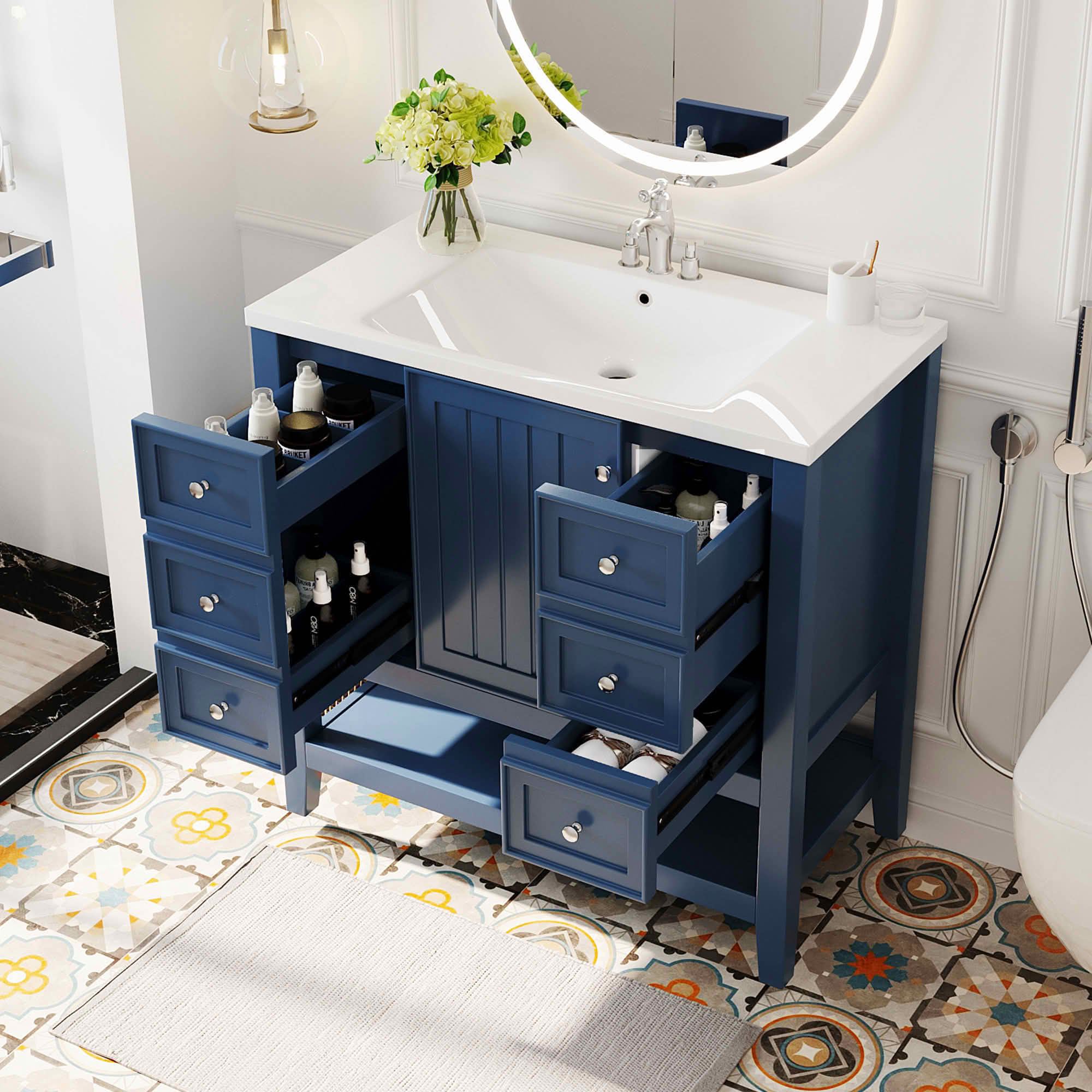 MAYEERTY 36" Bathroom Vanity with Sink 1 Cabinet 3 Drawers Solid Wood MDF Blue