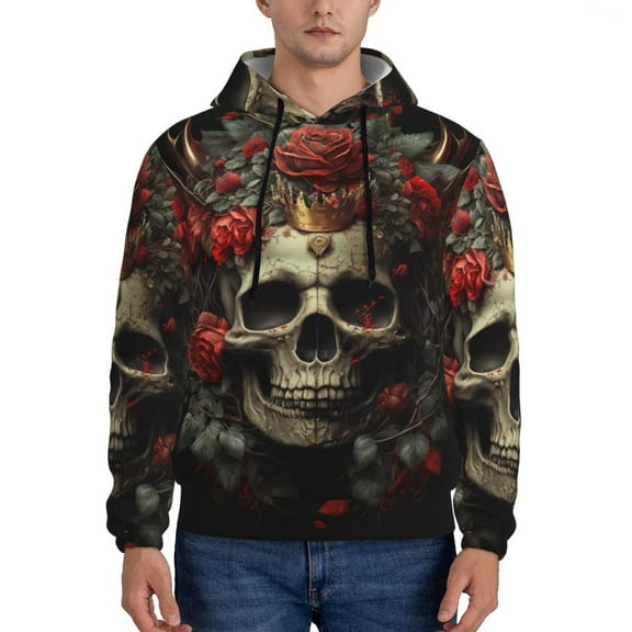 Picia Classical Rose Crown Skull Pattern Casual Men's Hoodie - Lightweight Hooded Sweatshirt with Kangaroo Pocket, Comfortable Pullover for Everyday, Travel-Small