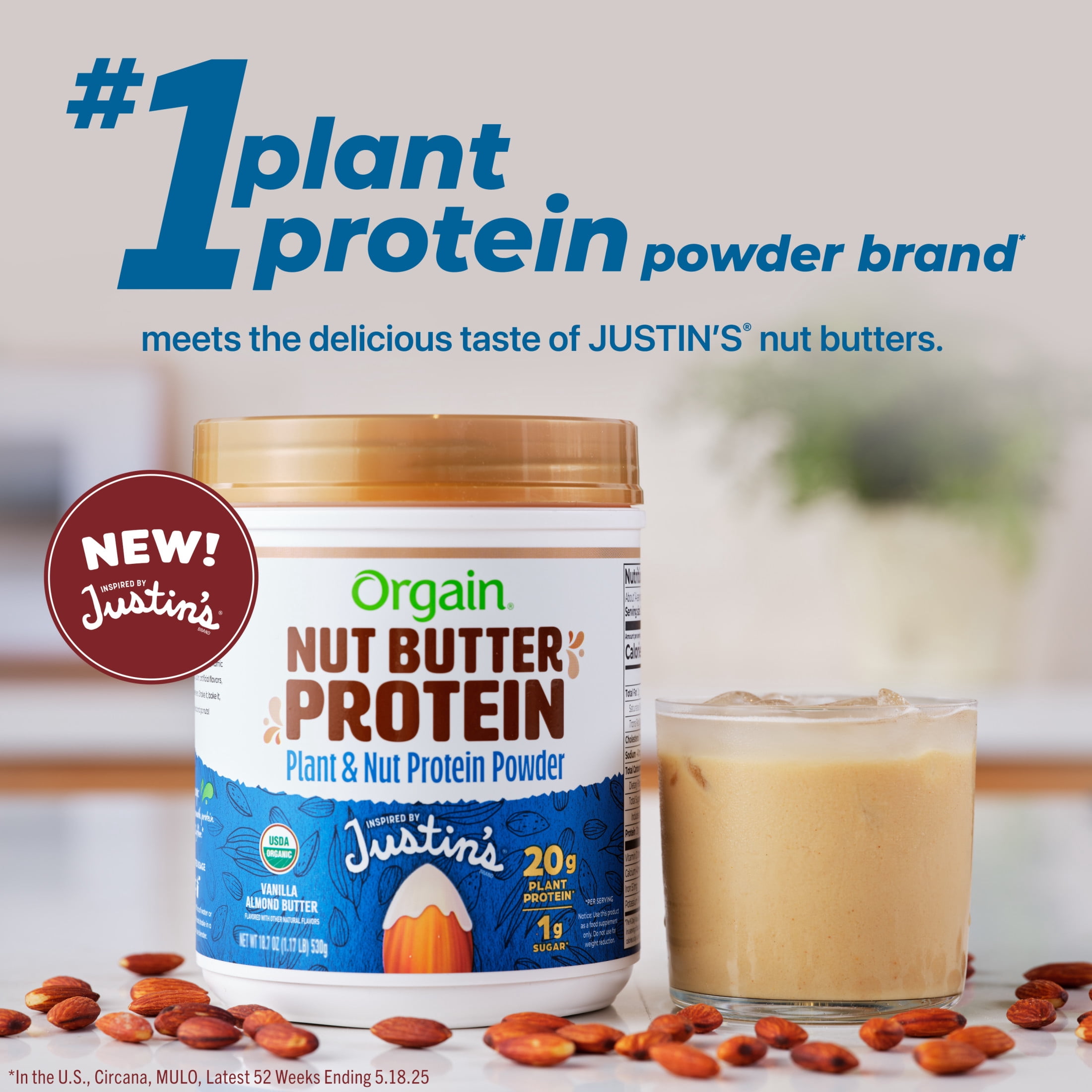 Orgain X JUSTIN’S® Organic Plant & Nut Butter 20g Vegan Protein Powder, Vanilla Almond Butter 13.28oz