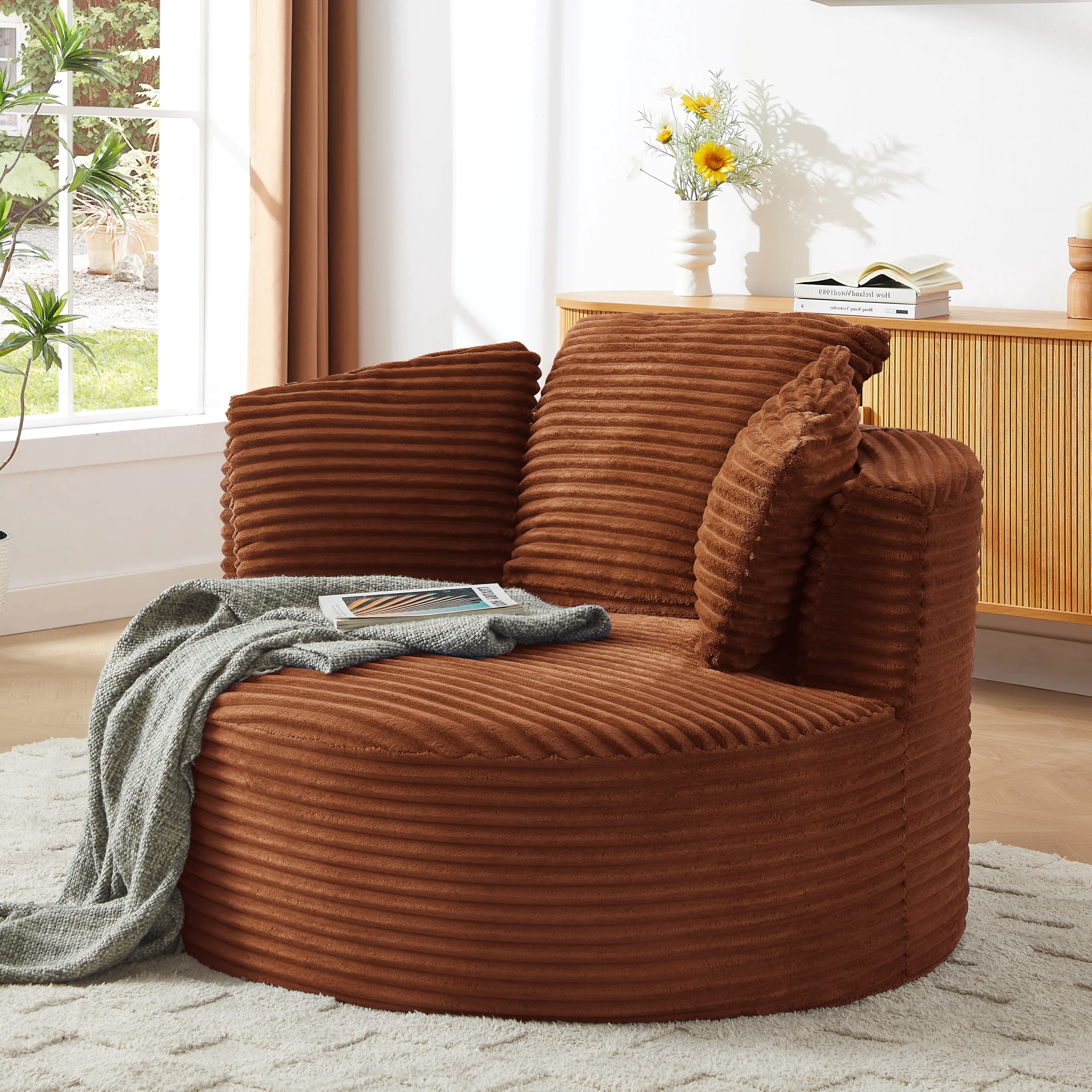 MAYEERTY Compressible Corduroy Round Lounge Sofa, Modern Couch with Spring Cushion for Apartment, 49*45*35"Orange