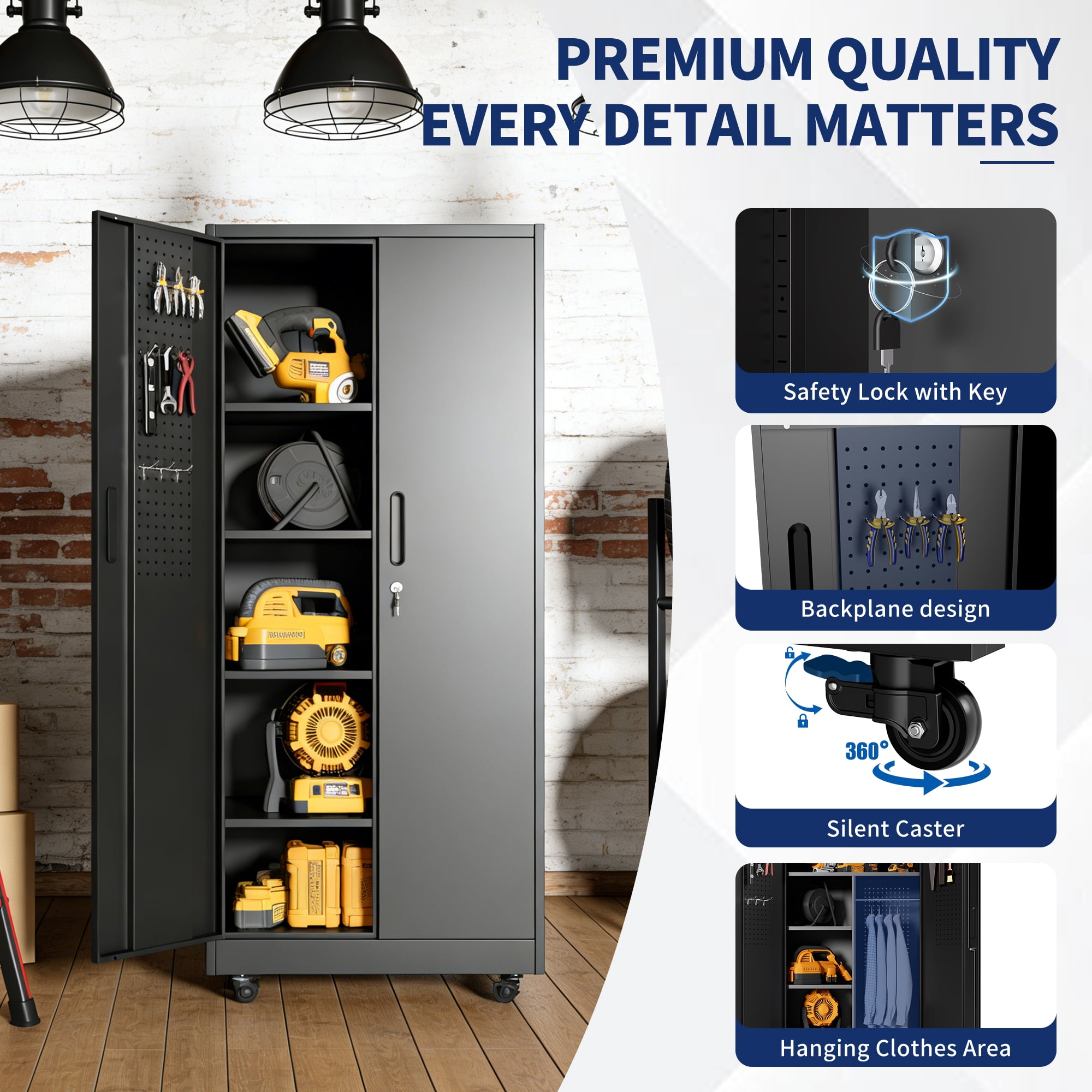 Rolling Metal Storage Locker Cabinet with Lockable Doors, 71" Freestanding Steel Wardrobe for Home, Office, School, Employee, Gym & Fire Department (Black)