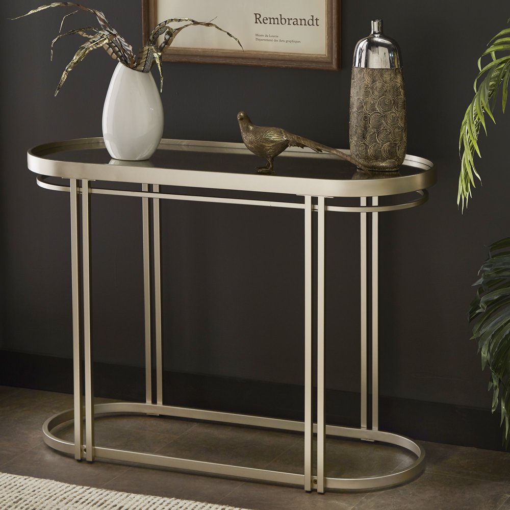 Weston Home Glenn Champagne Silver Oval Antique Mirror Top Sofa Table