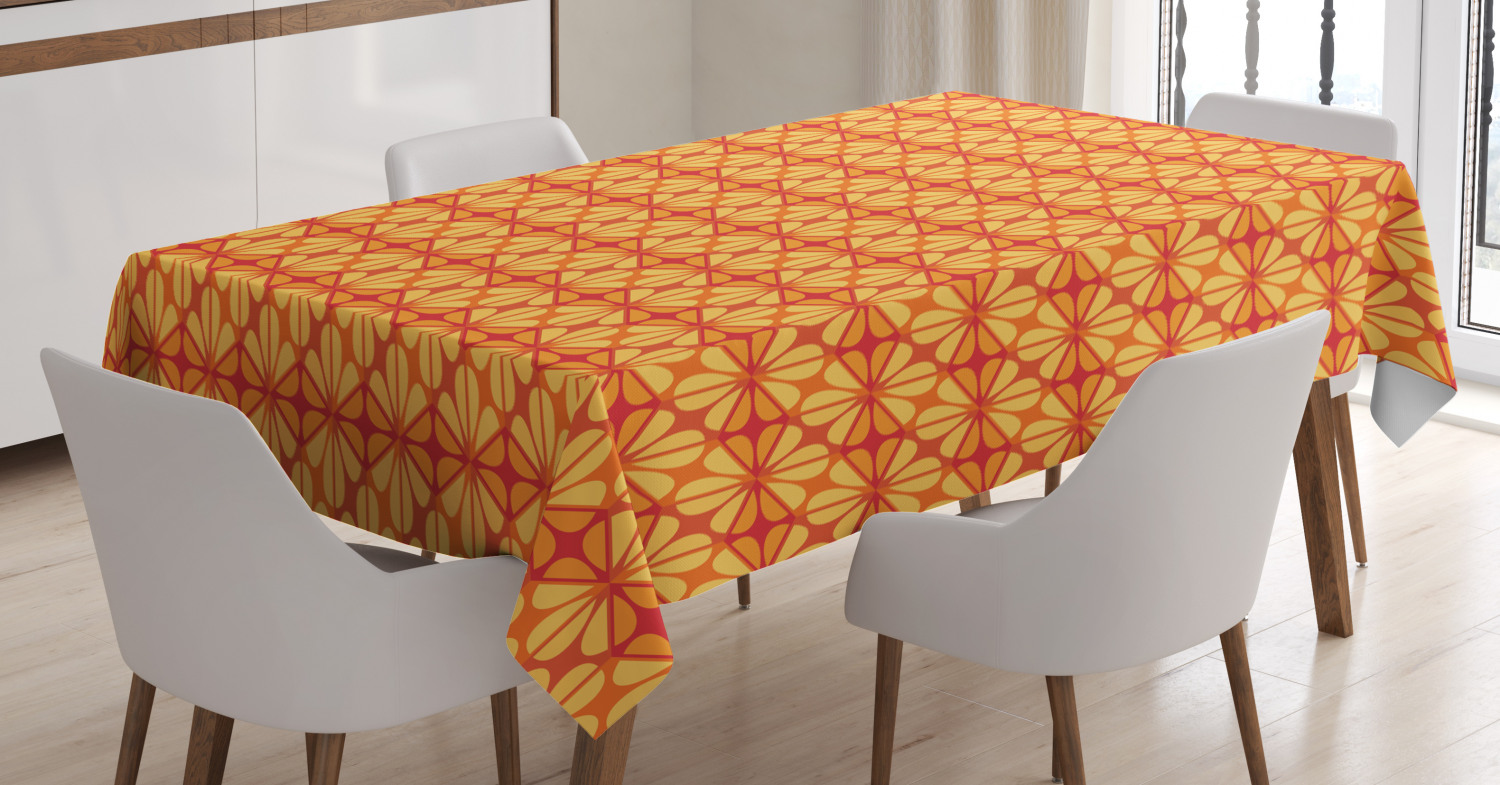 Orange Tablecloth, Geometric Grid Design with Floral Motifs Modern