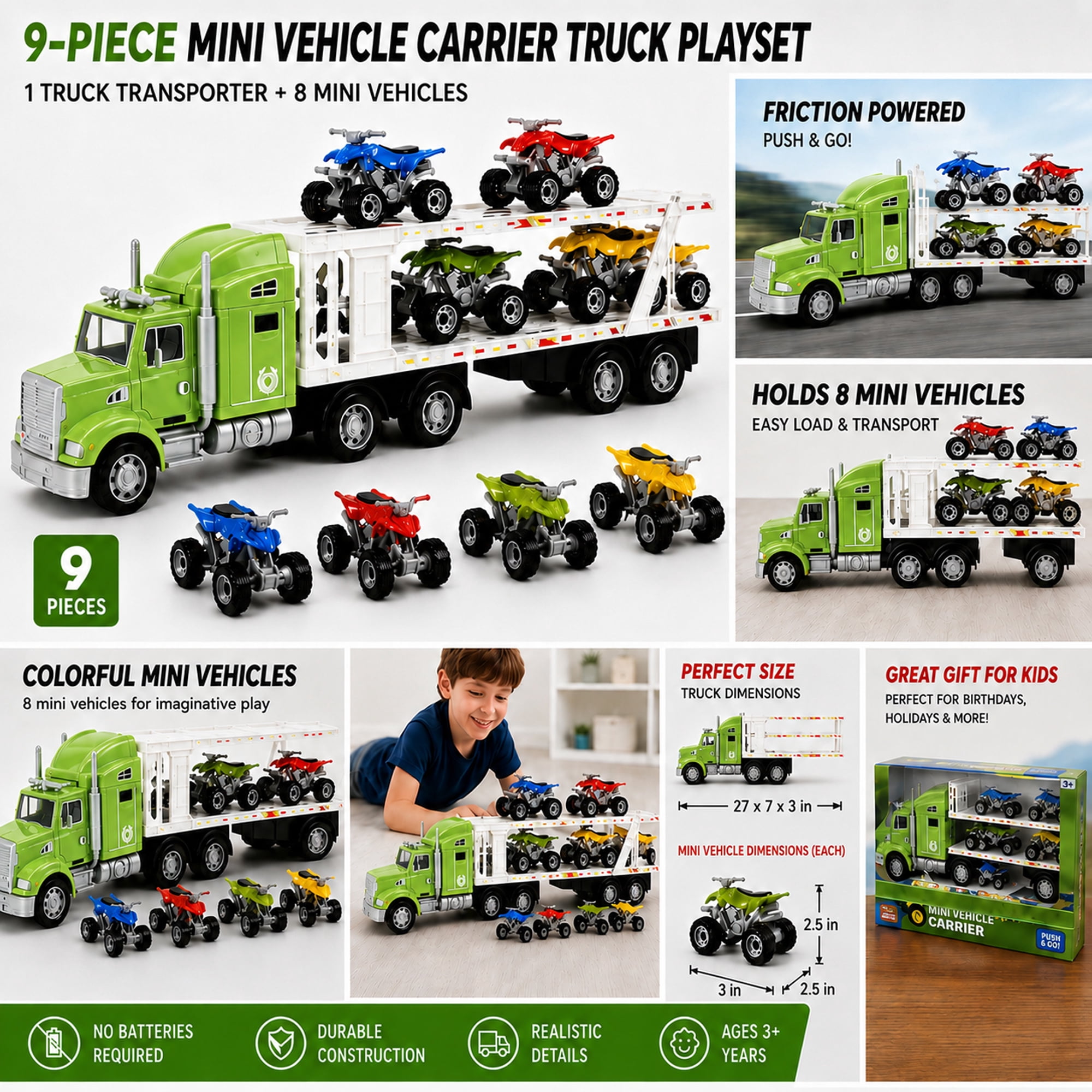 9-Piece Mini Vehicle Carrier Truck Playset, Double-Deck Toy Transport Truck with 8 Mini Vehicles, Friction Powered Semi Truck Toy, No Batteries Required, Gift for Kids Ages 3+