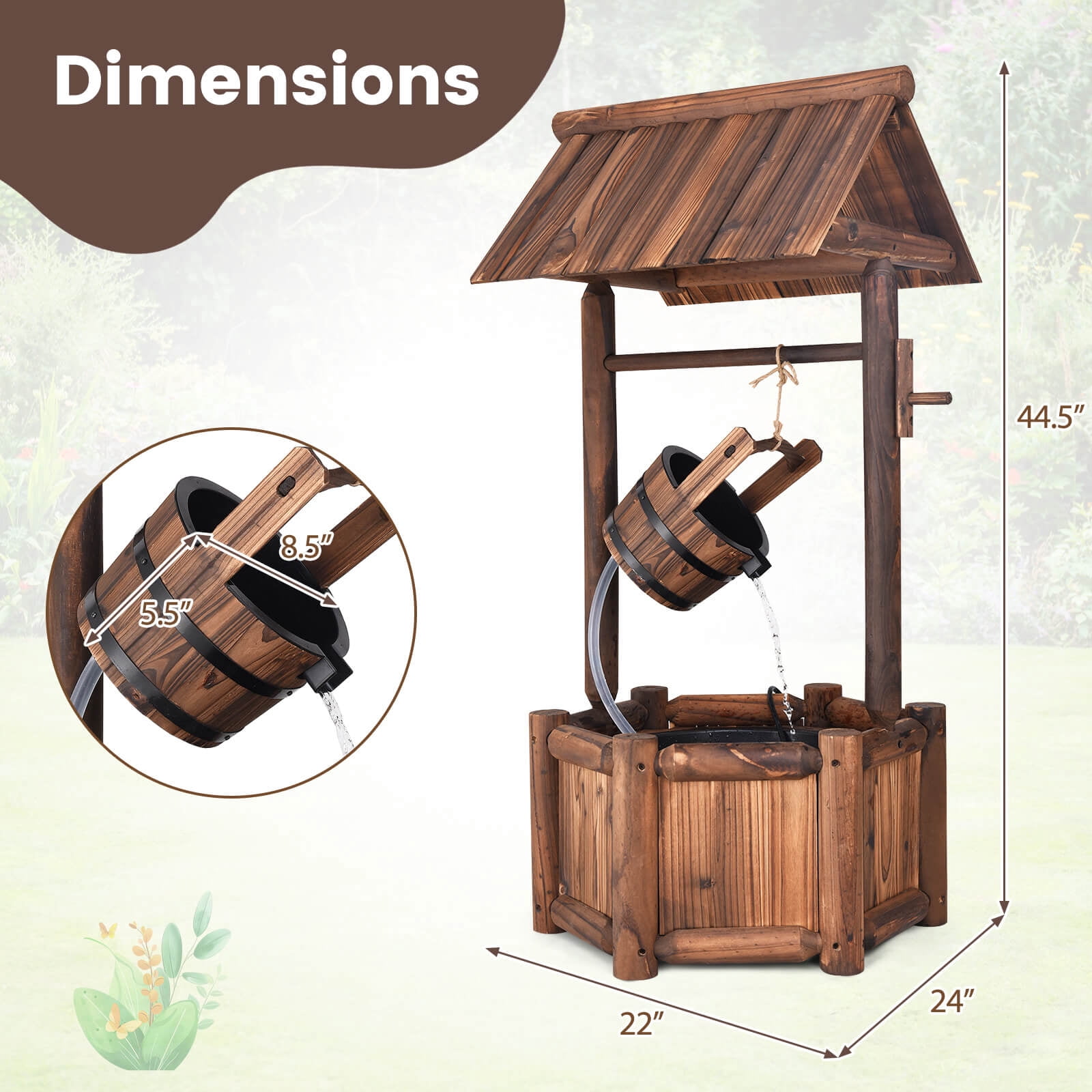 Costway Garden Rustic Wishing Well Water Fountain Wooden Outdoor Electric Backyard Pump