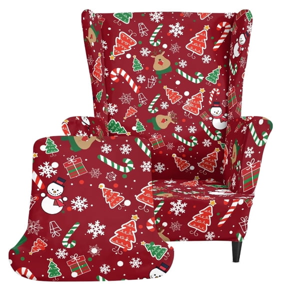 TSOVTHRID Tree Reindeer Snowman Candy Cane Snowflake Pattern Wingback Sofa Cover, Washable Wingback Slipcover Non-Slip 1 Seat Couch Soft Furniture Protector Covers Christmas Decor with Elastic Bottom