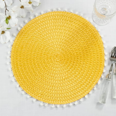 

Fennco Styles Pom Pom Textured Placemats 15 Inches Round Set of 4 – Yellow Modern Traycloth Table Mats for Home Dining Room Décor Banquets Indoor & Outdoor and Special Events