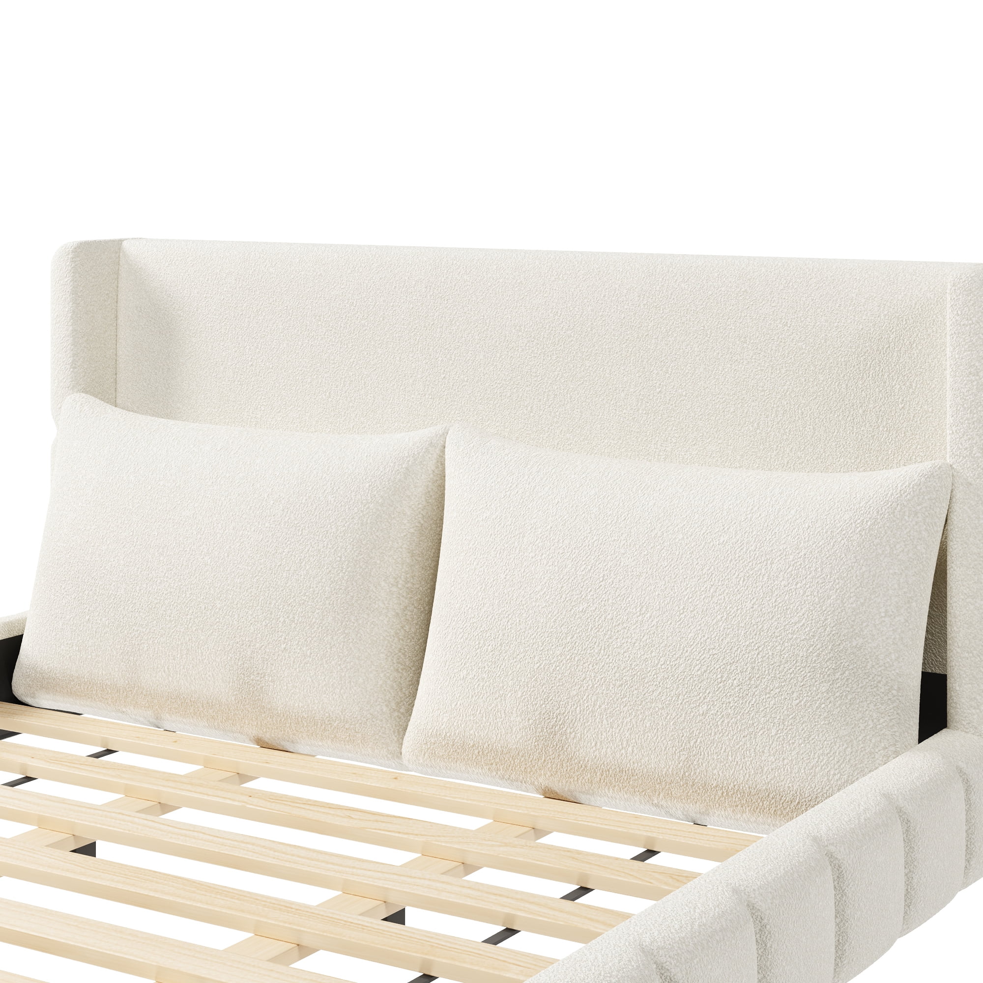 Euroco Velvet Upholstered King Size Platform Bed with Wingback Headboard and Pillows, White