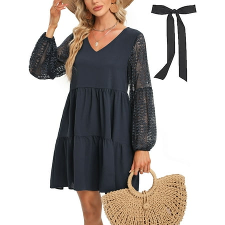 Très Chic Mailanda Women 2023 Summer Casual Dresses V Neck Babydoll Dress with Belt and Lace Sleeve