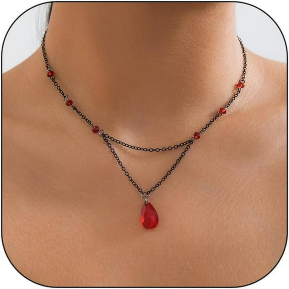 Gothic Blood Necklace Vampire Necklace Costume Black/Red Crystal Teardrop Lariat Charm Necklace Halloween Cosplay Goth Jewelry