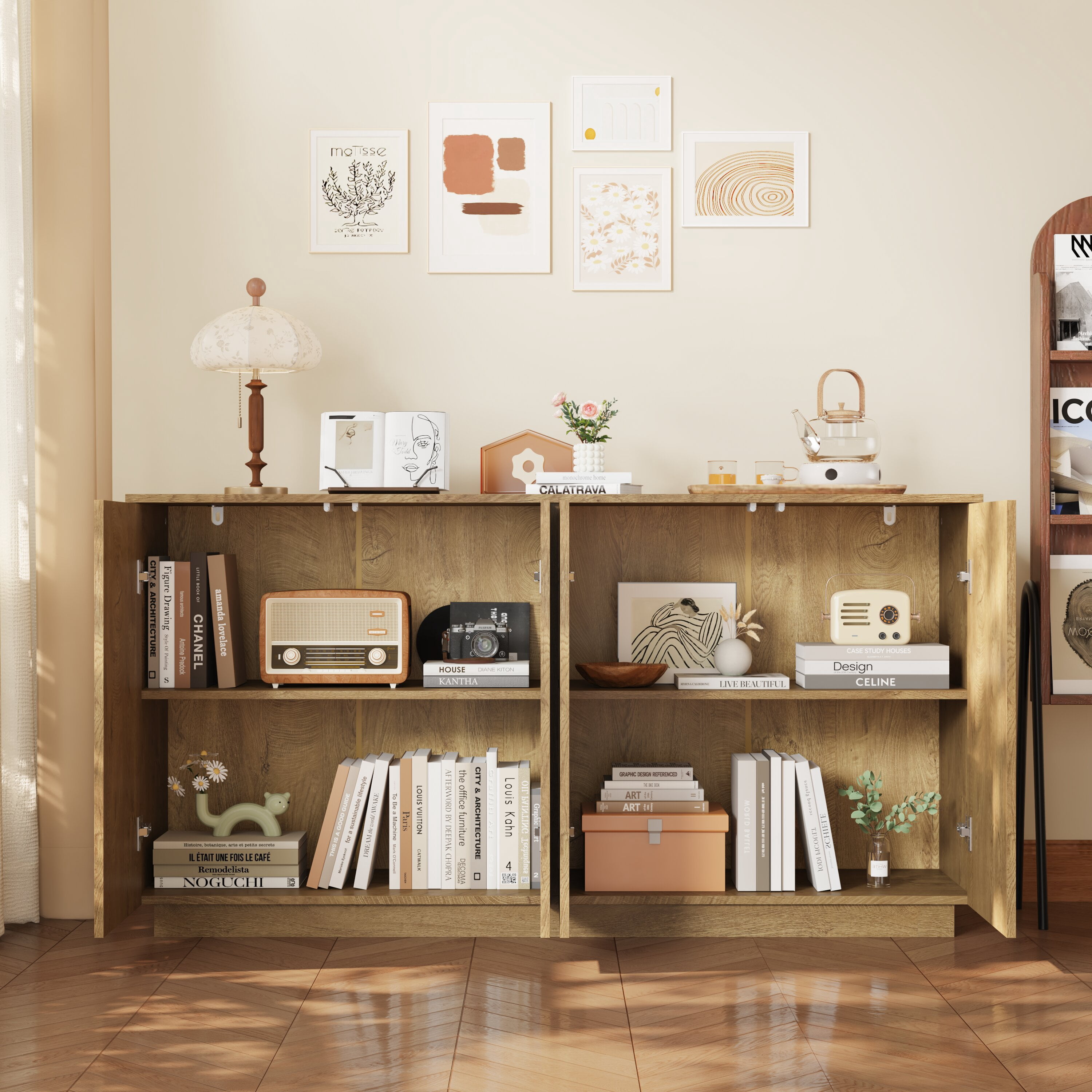 Mintazer 59.1"W Sideboard Buffet Cabinet with Adjustable Shelves, 4 Door Storage Credenza Cabinet for Dining Room Kitchen Living Room, Entryway, Natural